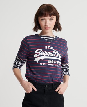 Superdry Vintage Logo Stripe Női Pólók Sötétkék/Csíkok | POXUG0567